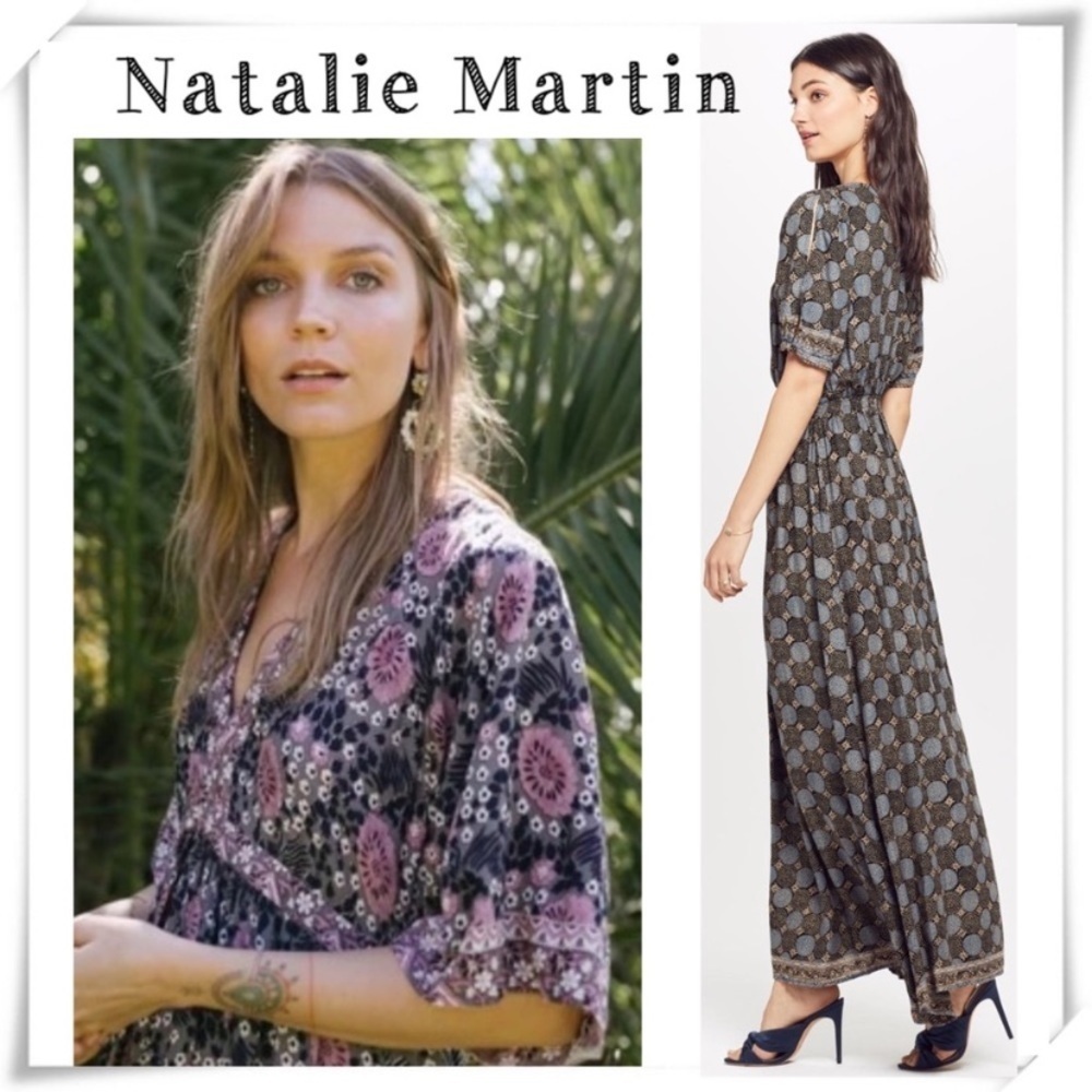 Natalie Martin Violet Flower Ruffle Sleeve Long Maxi Dress in Purple / Gray